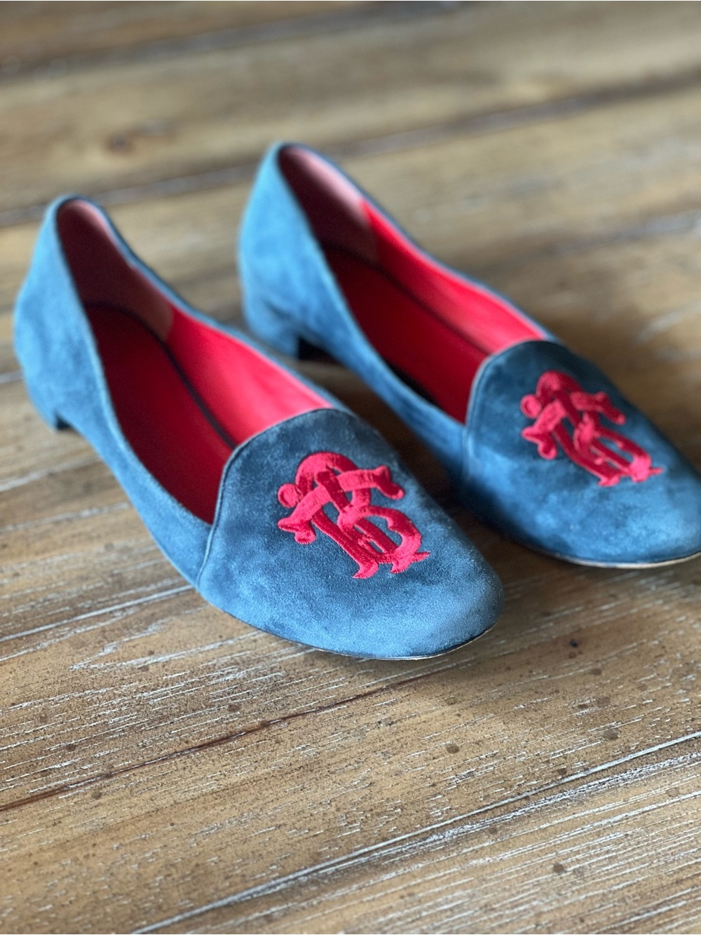 Tory Burch Gray Suede Loafers with Red Embroidered Logo